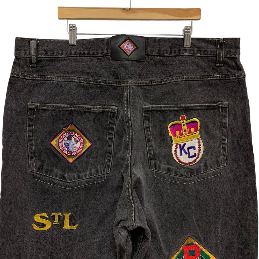 Negro‎ League Baggy Fit Baseball Jeans 44 x 34 Embroidered Patches Black Grey * - Picture 8 of 14